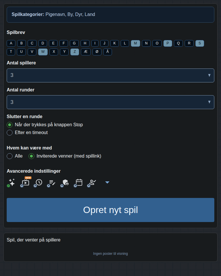 Formular til oprettelse af spillet