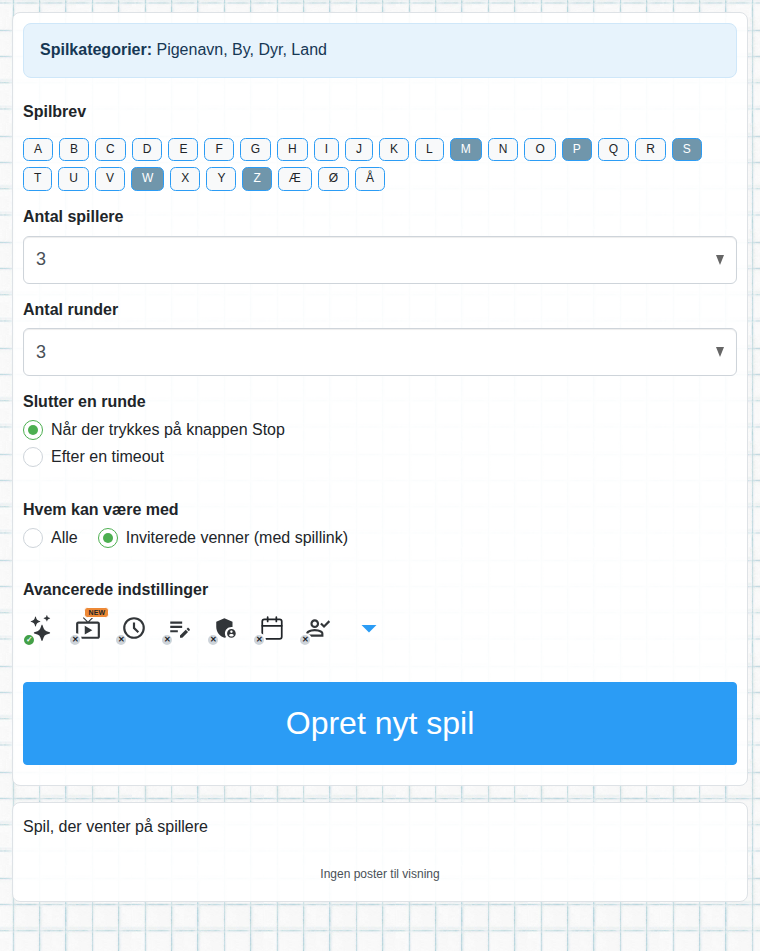 Formular til oprettelse af spillet